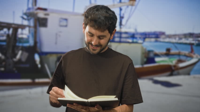 Man with beard reading a book, hands turning pages while standing on a marina dock beside moored fishing boats; contemplation.