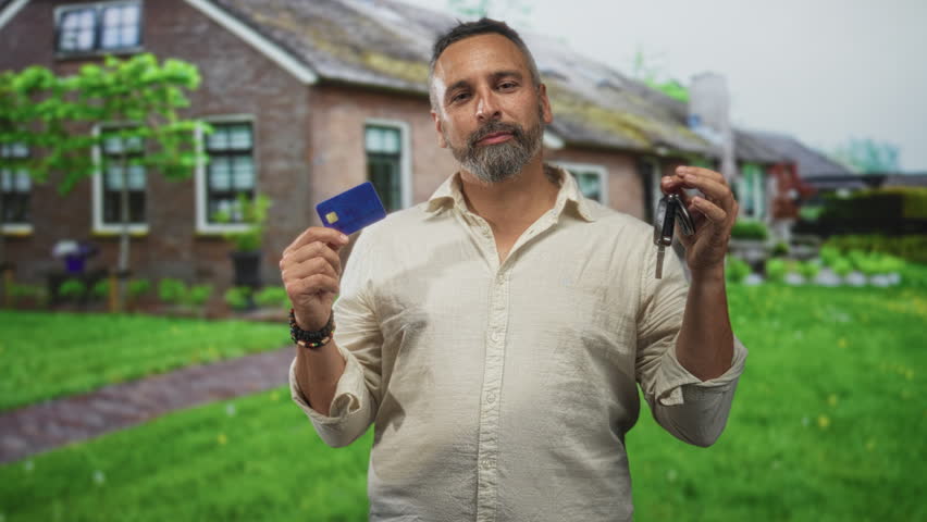 Man holding car keys and creditcard at a building entrance, smiling with hands visible and beard evident; homeownership pride.