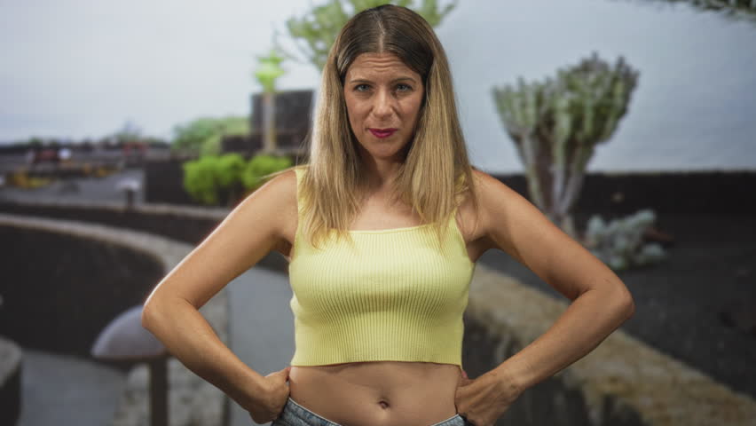 Woman crossing forearms in an x gesture, hands visible, stern face, yellow crop top and bare midriff on a street; defiance refusal.