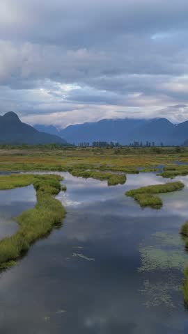 Majestic Mountain Reflections Over Wetlands in British Columbia, Canada Under a Cloudy Sky