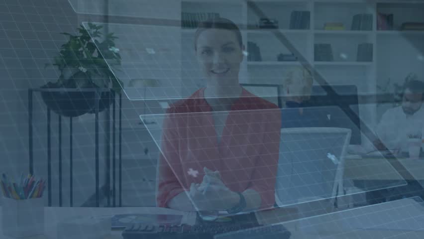 Woman holding globe, activating hologram office UI, presenting folder, typing while team consulting. Orb, corporate, augmented, overlay, technology, colleagues, workspace