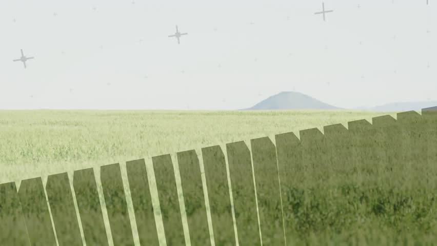 Animating layered graphic showing fence bars, blocky city, white curve, turbines over field. Infographic, minimalist, landscape, horizon, silhouette, grassland, vector
