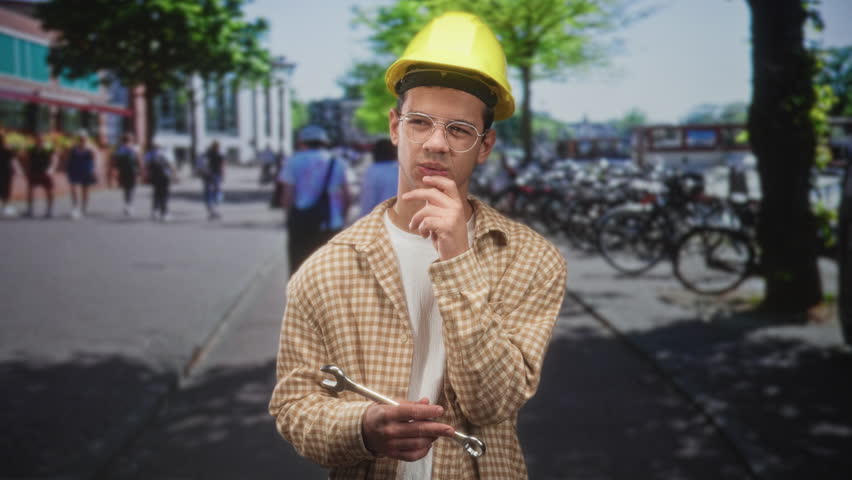 Man construction worker wearing hardhat holding wrench with hand on chin on street; thoughtful problem solving.