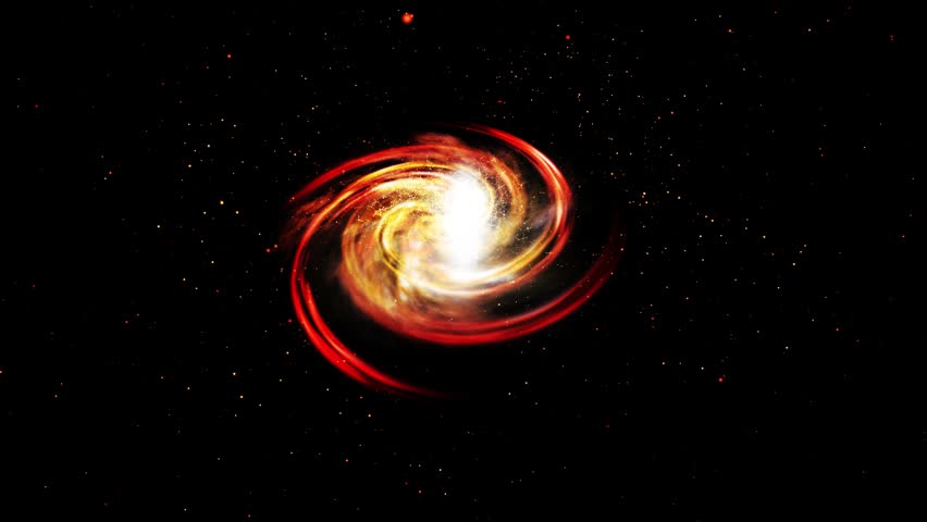 A bright galaxy made up of billions of particles glows neon and moves through space, scattering meteors and plasma.
