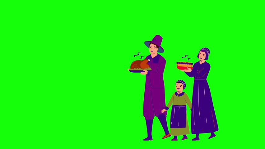 Family Celebrating Thanksgiving Day with Traditional Food on Green Screen Background, Holiday Dinner and Festive Gathering Concept