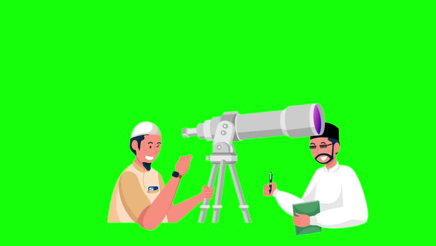 Two men observing moon with telescope for Eid moon sighting concept green screen background astronomy exploration animation scene