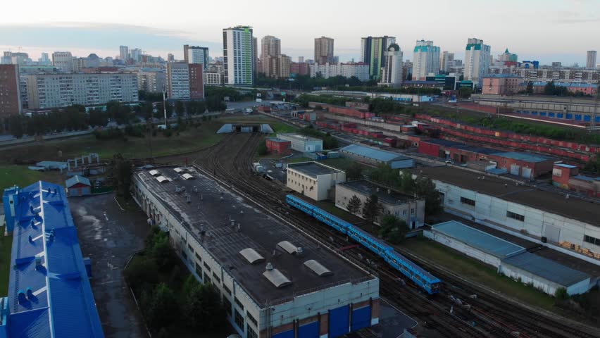 Metro depot at sunset, Novosibirsk. Aerial drone top view