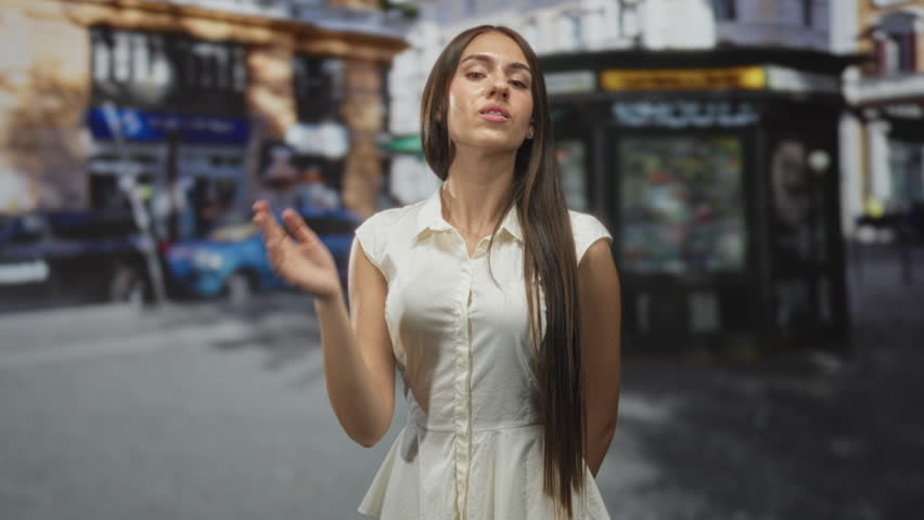 Young woman covers her mouth with hand on a crowded street, white dress and braces visible in a candid closeup; surprise discovery.