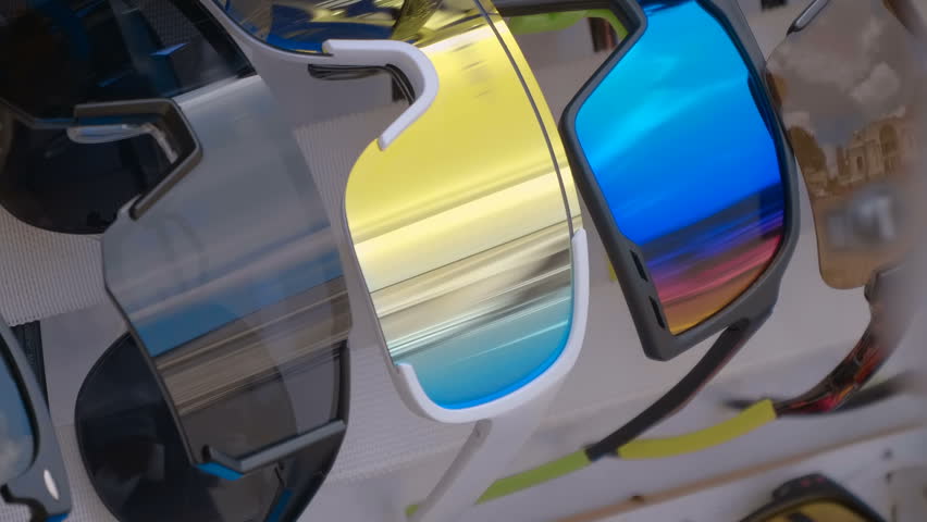 Rows of different style colorful sunglasses are placed on a stall for sale. Closeup