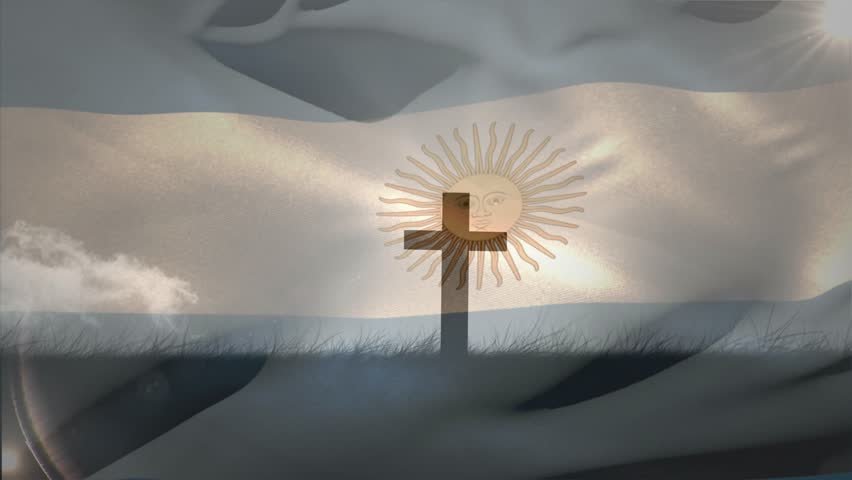 Wind-driven flag waving, folding over central cross, Sun of May glowing through, bird passing low. Crucifix, banner, outdoor, landscape, backlit, silhouette, clouds
