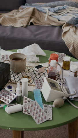 Vertical shot of table in living room, displaying variety of medicines, supplements, vitamins, blood pressure monitor, thermometer, nose spray, inhaler, cup of hot tea at home of flu patient