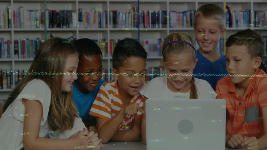 Vertical video: 7 kids crowding laptop in school library, pointing and using pad amid moving glare. Classmates, collaboration, tablet, learning, teamwork, bookshelves, curiosity