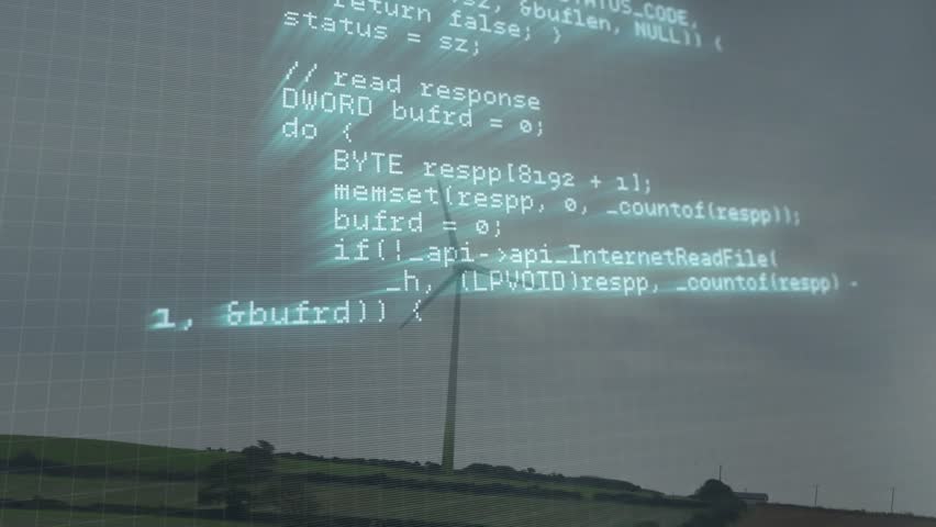 Scrolling C or C++ code overlay initiating geometry and HTTP parsing while turbine rotating on horizon. Wind, landscape, rural, windmill, field, clouds, cyan