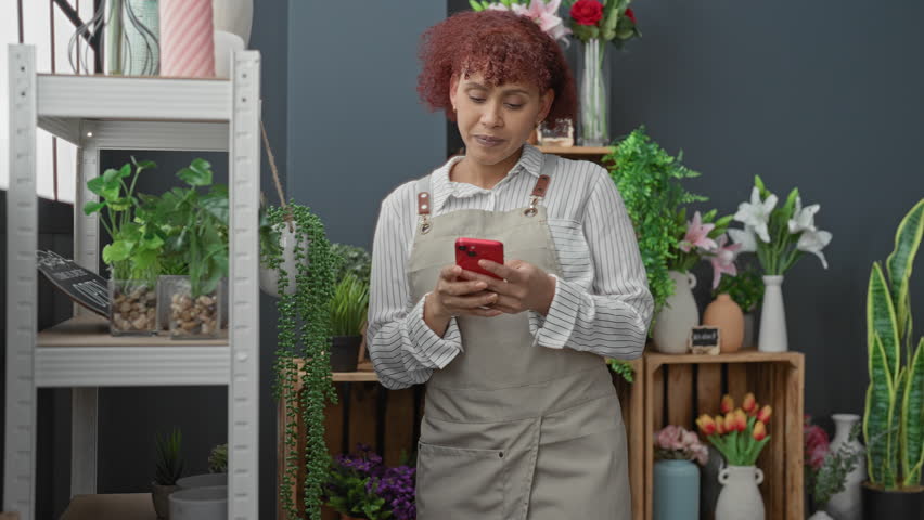 Woman florist holds red smartphone and points finger to potted plant among hanging vine and wooden crates inside building; quiet concentration.
