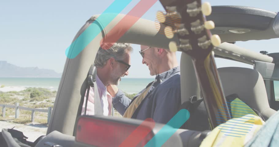 Two men greeting at car, leaning, fixing collar, holding green item, overlays sweeping before trip. Beachside, convertible, guitar, sunglasses, embrace, affection, casual