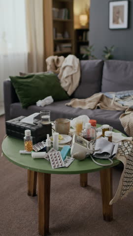 Full vertical establishing shot of table with assorted medications, healthcare devices, messy couch with crumpled blankets and pillows during sick leave of person recovering from flu