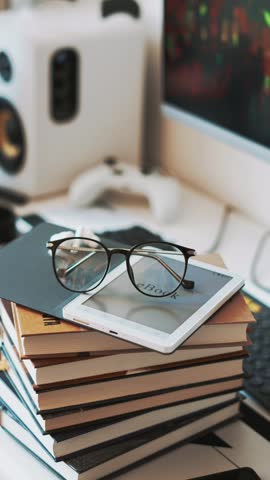 Modern workspace with stack of books, ebook reader and glasses. Concept of digital reading, knowledge and hybrid learning combining technology and traditional books