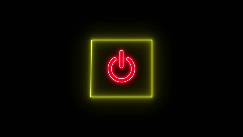 Neon red color power button sign icon animation switch startup neon screen turn on off button computer and mobile phone technology closed shutdown icon with black background