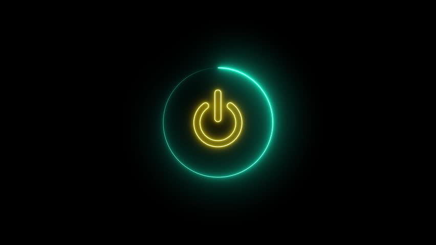 Neon red color power button sign icon animation switch startup neon screen turn on off button computer and mobile phone technology closed shutdown icon with black background
