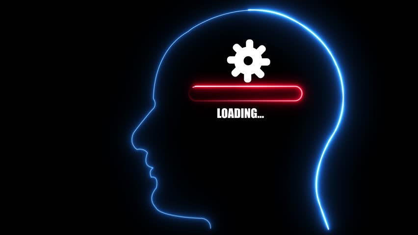 Glowing neon line Human head with Gear Sign icon on black background.download icon.