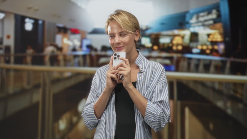 Woman holding smartphone, smiling and typing with hands in building mall; personal connection contentment.