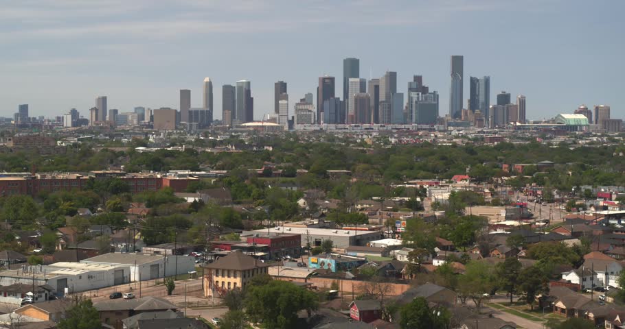 A beautiful drone view of the downtown Houston cityscape captured from a Southeast Houston neighborhood area