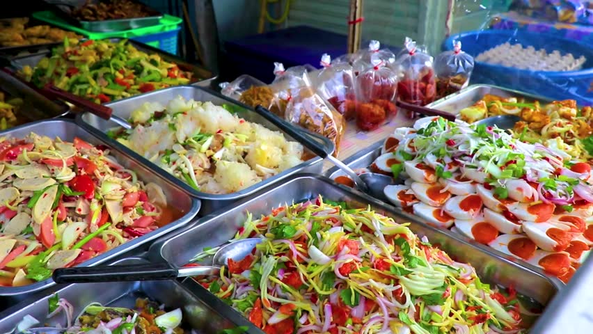 Thai street food stand buffet colorful vegetables dishes in Don Mueang Bangkok Central Thailand in Southeastasia Asia.