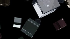 Transparent glass cubes of various sizes floating and rotating in dark 3D space with colorful reflections and refractions. Modern abstract animation for technology and design presentations - Powered by Shutterstock - Get 15% off with code: PIKWIZARD15