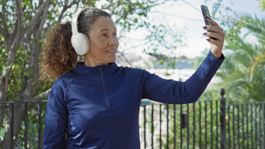 Woman holding smartphone and wearing headphones smiles while checking phone screen on street; joyful connection.
