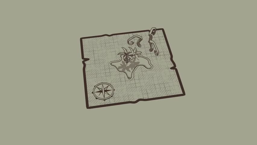 Treasure map illustration on aged parchment paper with island details and compass rose for a conceptual adventure game design or historical storytelling project