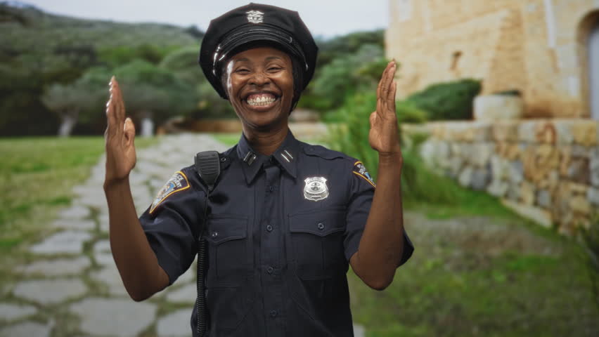 Woman police officer with hands raised, palms outward on a stone building path, wearing uniform and cap; playful confidence.