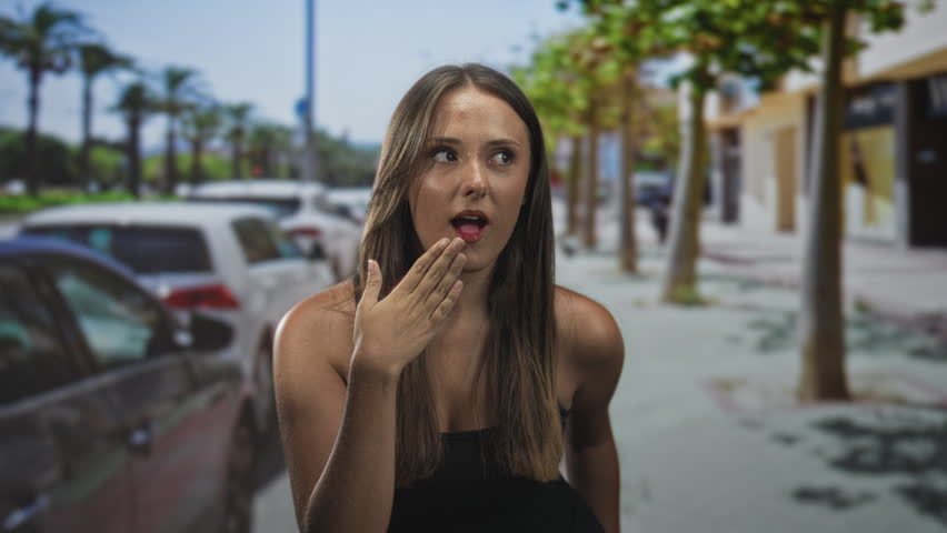 Woman with hand covering mouth on a busy street beside parked cars and palm trees, looking startled and pensive; surprise curiosity.