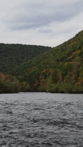 Close view of fast flowing river water with ripples and waves surrounded by dense autumn forest creating dynamic natural landscape scene.