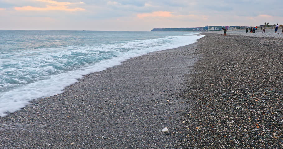 The scenery of Qixingtan in Hualien, on the east coast of Taiwan, with the magnificent waves and spray of the Pacific Ocean.