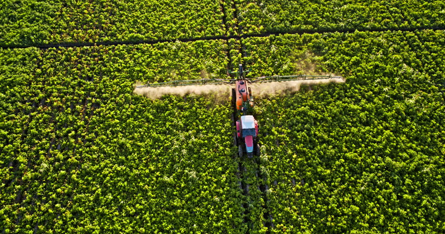 Aerial top-down view of a tractor with a sprayer fertilizing a lush green agricultural field