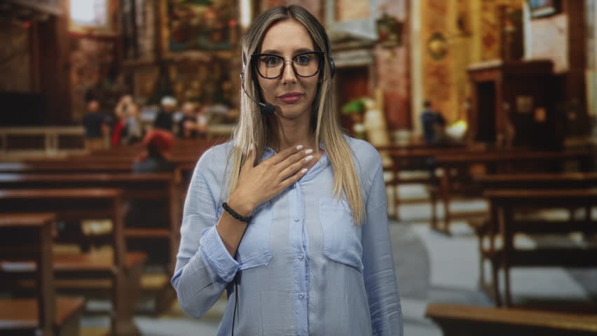 Woman wearing headset and glasses with hand on chest among church pews and ornate altar interior, young hispanic blonde operator; surprise devotion.