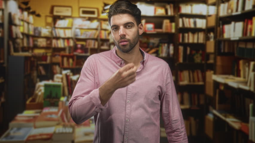 Man with beard holding a phone to his ear, hand touching cheek, standing amid books and shelves in a bookstore building; contemplation.