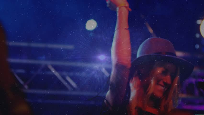 Lead singer stepping at concert camera moving singing and reaching audience with mic and flare. Stage, live, vocalist, microphone, duo, crowd, lighting