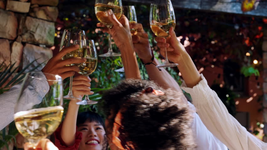 Cheers, celebration or hands in backyard with wine, friendship or bonding together at reunion event. Happiness, drinks or people at house with toast, birthday party or connection at social gathering.