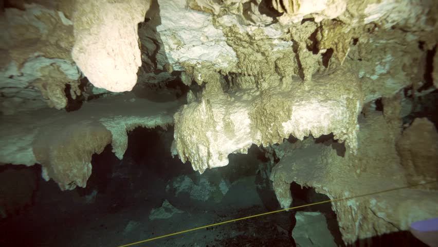 Rows of mineral stalactites hang from the ceiling of a submerged limestone cave with clear water in Cenote Dos Ojos, Quintana Roo