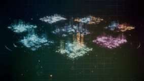 3D render of glowing particle clouds forming an abstract data map on a dark grid background. Futuristic technology visualization suitable for dashboards and sci fi scenes. 3D Illustration - Powered by Shutterstock - Get 15% off with code: PIKWIZARD15