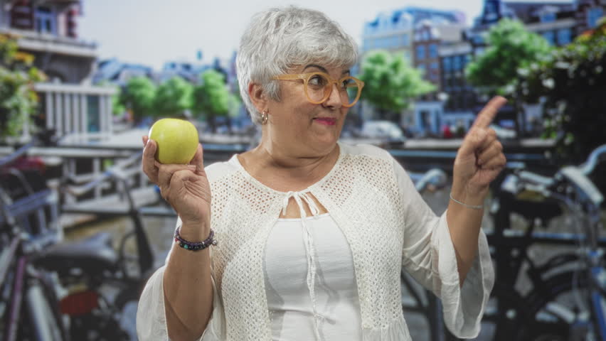 Senior woman with grey hair holds a green apple in hand and points finger on city street near bicycles and canal; healthy snack joyful.