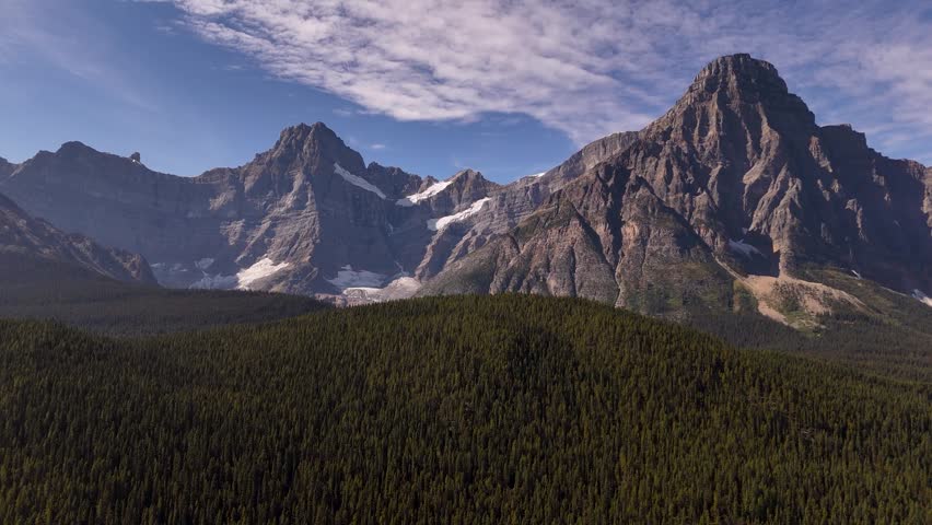 Majestic mountain peaks, glaciers, turquoise lakes along the scenic Icefields Parkway between Banff and Jasper National Parks, Alberta, Canada. Road trip in Canada. Rocky mountains. 4k footage