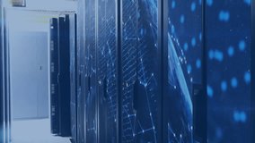 Digital data processing animation over futuristic server room with blue lighting. Technology, network, cybersecurity, information - Powered by Shutterstock - Get 15% off with code: PIKWIZARD15
