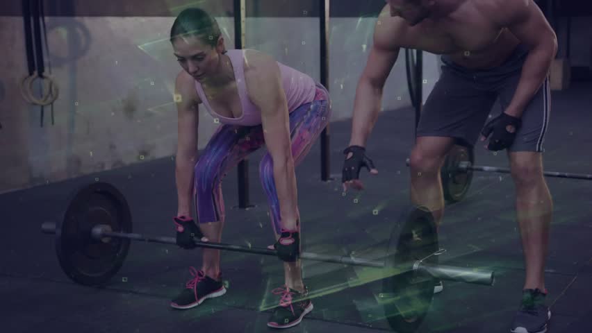 Female lifter deadlifting barbell, trainer coaching and touching back, fitness overlay fixing form. Athlete, weights, strength, training, guidance, dim, industrial