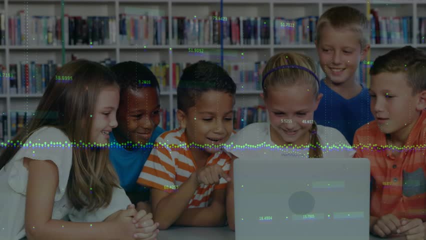 Six kids crowding laptop, girl operating laptop starting waveform overlaying scene for learning. Children, library, education, technology, teamwork, interactive, smiles