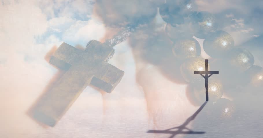 Soft focus shifting, cross pendant and crucifix clearing, shadow growing, sky fading, evoking calm. Rosary, beads, wooden, silhouette, seascape, horizon, clouds