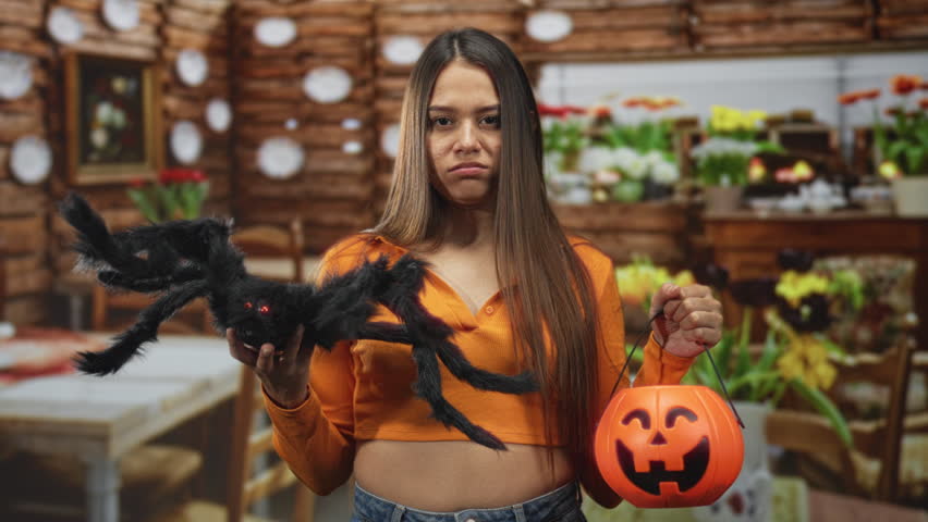 Woman holds jack o lantern pumpkin bucket in right hand and a large fake spider with left hand while standing in a studio set decorated as a cafe; spooky.