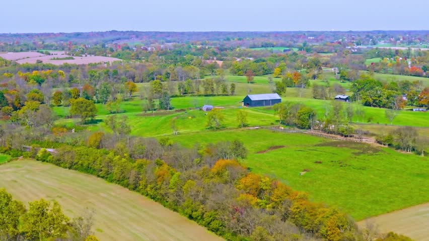 Scenic aerial view showcasing lush emerald fields and vibrant autumn foliage near farmhouse buildings. Dynamic high angle footage capturing rural landscape beauty under clear bright skies.