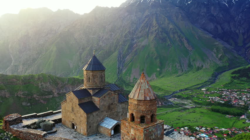 Aerial view of Gergeti Trinity Church in Georgia.